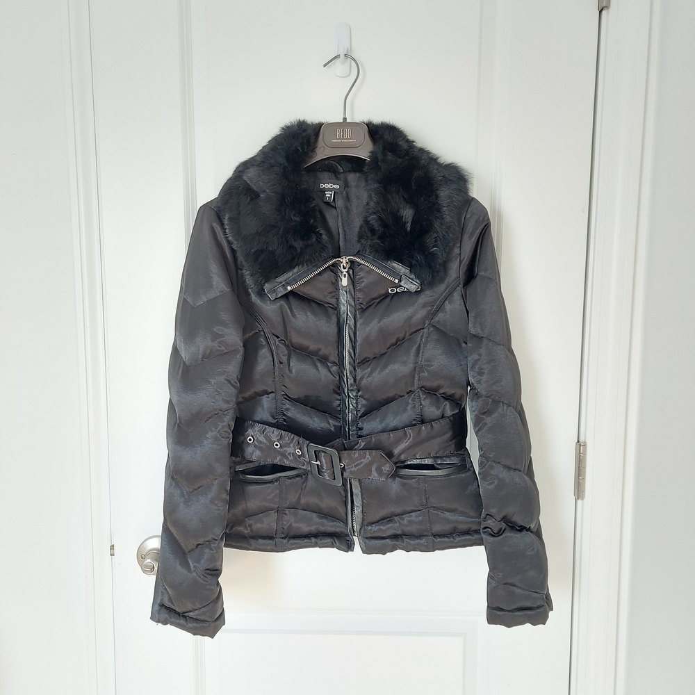 bebe Black Satin Down Puffer Jacket Real Rabbit Fur Collar Size S